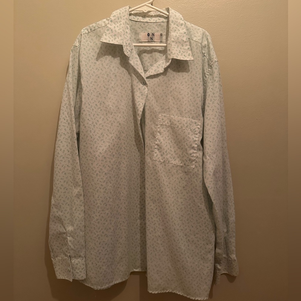 French white with mini blue floral pattern button down